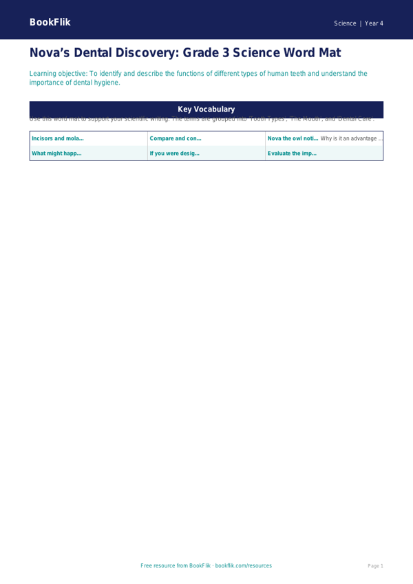 Free Teeth Word Mat | Grade 3 | Science | BookFlik worksheet preview โ Science Teeth