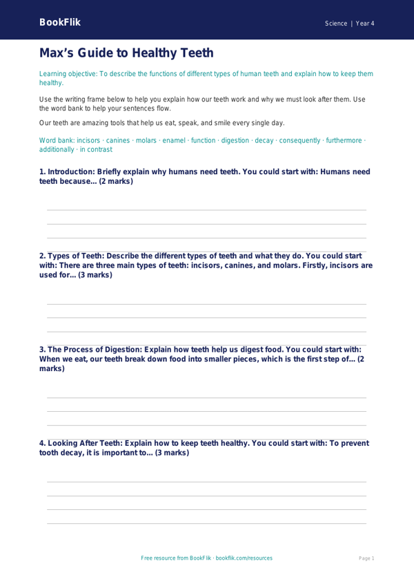 Science teeth writing frame grade 3 core worksheet preview — Science Teeth