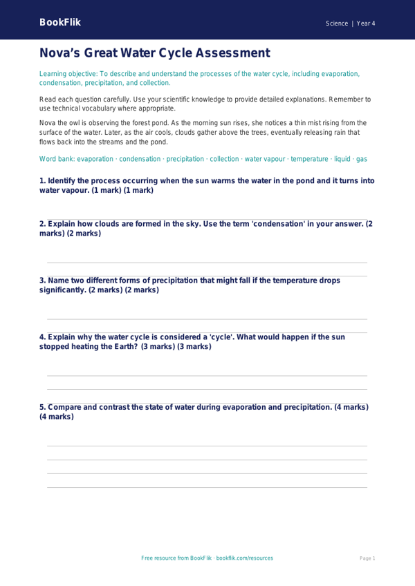 Free Water Cycle Assessment | Grade 3 | Science | BookFlik worksheet preview — Science Water Cycle