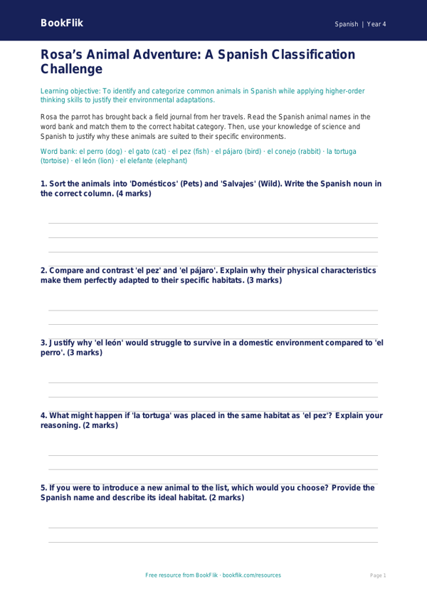 Free Animals Activity Sheet | Grade 3 | Spanish | BookFlik worksheet preview — Spanish Animals