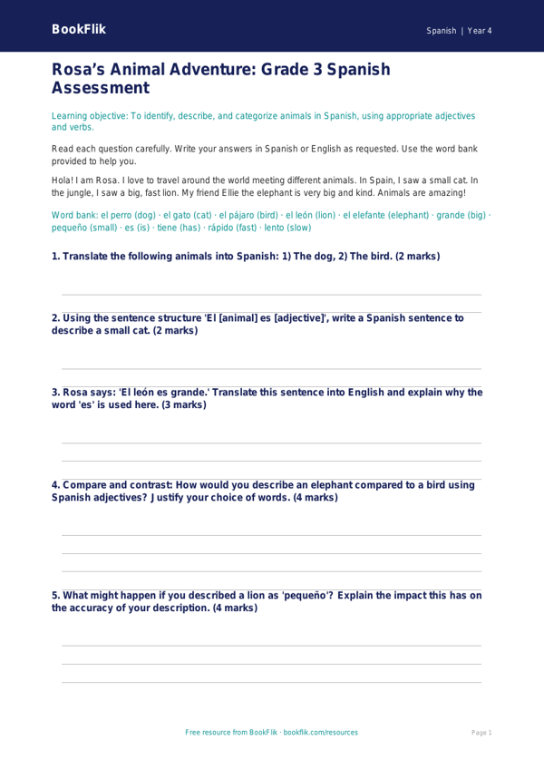 Spanish Animals Assessment | Grade 3 | Greater Depth | BookFlik worksheet preview — Spanish Animals