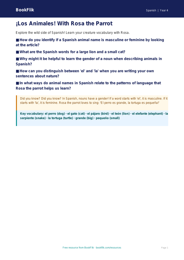 Spanish Animals Poster for Grade 3 | Free Printable | BookFlik worksheet preview — Spanish Animals