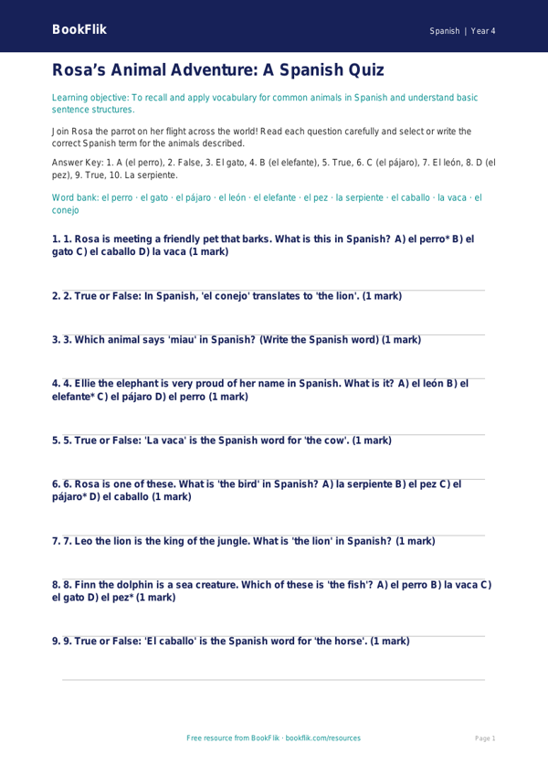 Spanish Animals Quiz for Grade 3 | Free Printable | BookFlik worksheet preview — Spanish Animals
