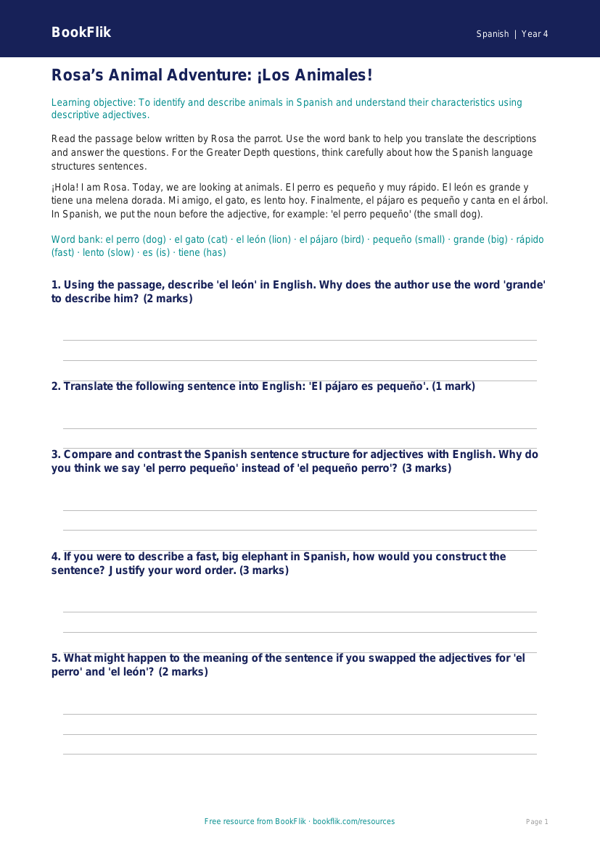 Spanish Animal Vocabulary Worksheet | Grade 3 | BookFlik worksheet preview — Spanish Animals