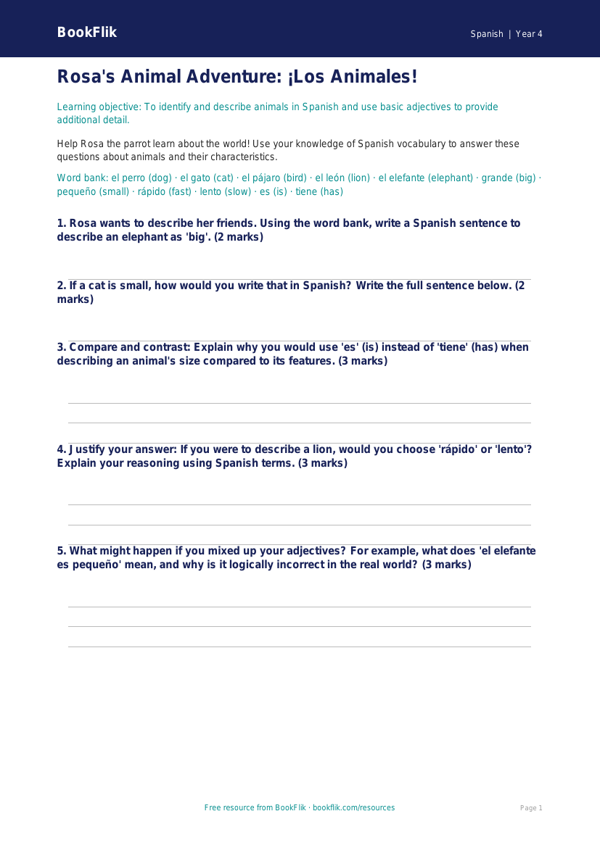 Free Animals Worksheet | Grade 3 | Spanish | BookFlik worksheet preview — Spanish Animals
