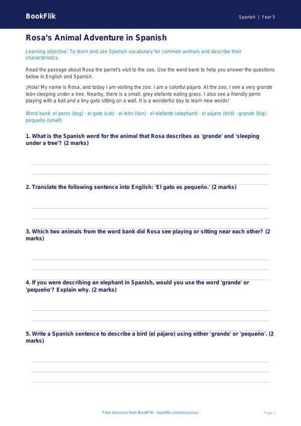 Spanish Animal Vocabulary Worksheet | Grade 4 | BookFlik worksheet preview — Spanish Animals