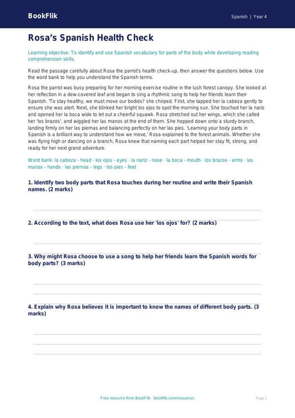 Spanish Body Parts Lesson Plan | Grade 3 | BookFlik worksheet preview — Spanish Body Parts