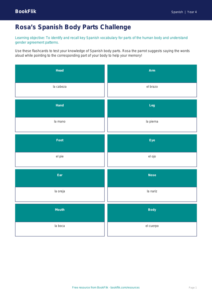 Free Body Parts Flashcards | Grade 3 | Spanish | BookFlik
