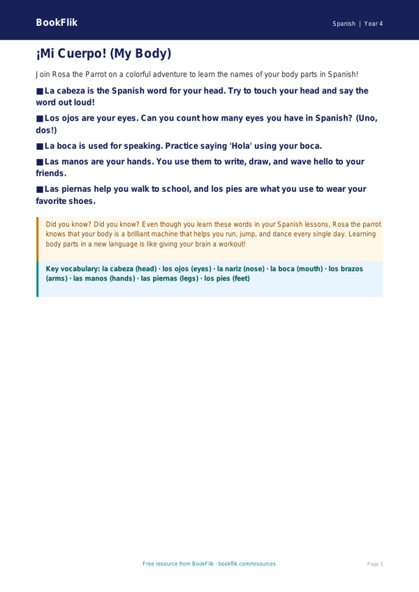 Free Body Parts Poster | Grade 3 | Spanish | BookFlik worksheet preview — Spanish Body Parts