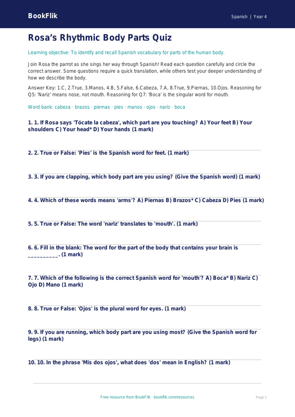 Spanish Body Parts Quiz for Grade 3 | BookFlik Resources worksheet preview — Spanish Body Parts