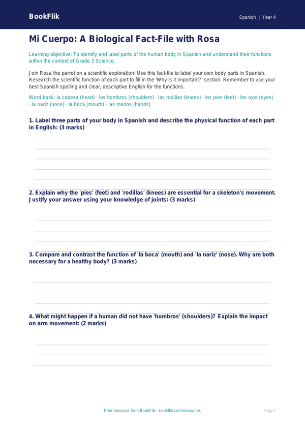 Spanish Body Parts Lesson Plan & Worksheet | Grade 3 | BookFlik worksheet preview — Spanish Body Parts