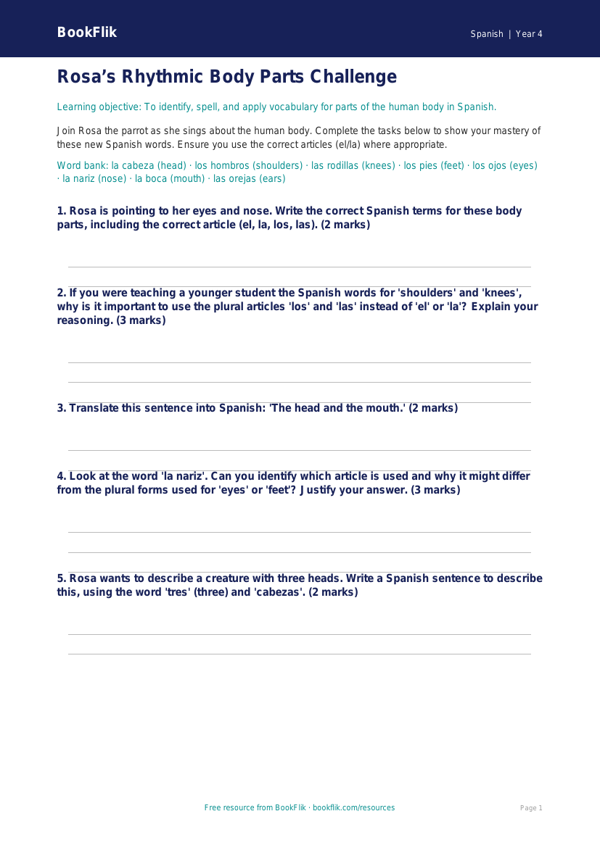 Free Spanish Body Parts Worksheet | Grade 3 | BookFlik worksheet preview — Spanish Body Parts