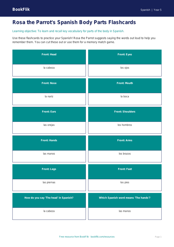 Free Spanish Body Parts Flashcards | Grade 4 | BookFlik worksheet preview — Spanish Body Parts