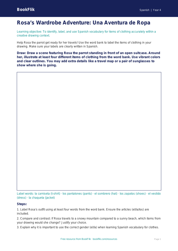 Free Clothes Drawing Sheet | Grade 3 | Spanish | BookFlik worksheet preview — Spanish Clothes