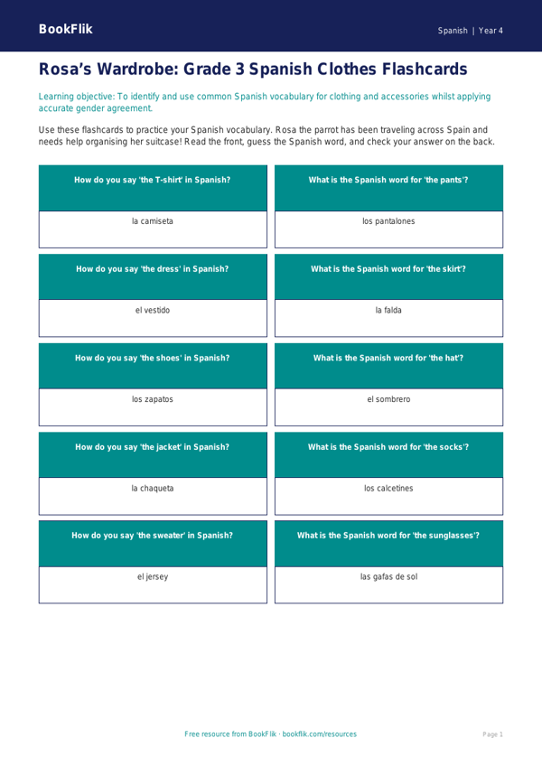 Spanish Clothes Flashcards for Grade 3 | Free Printable | BookFlik worksheet preview — Spanish Clothes
