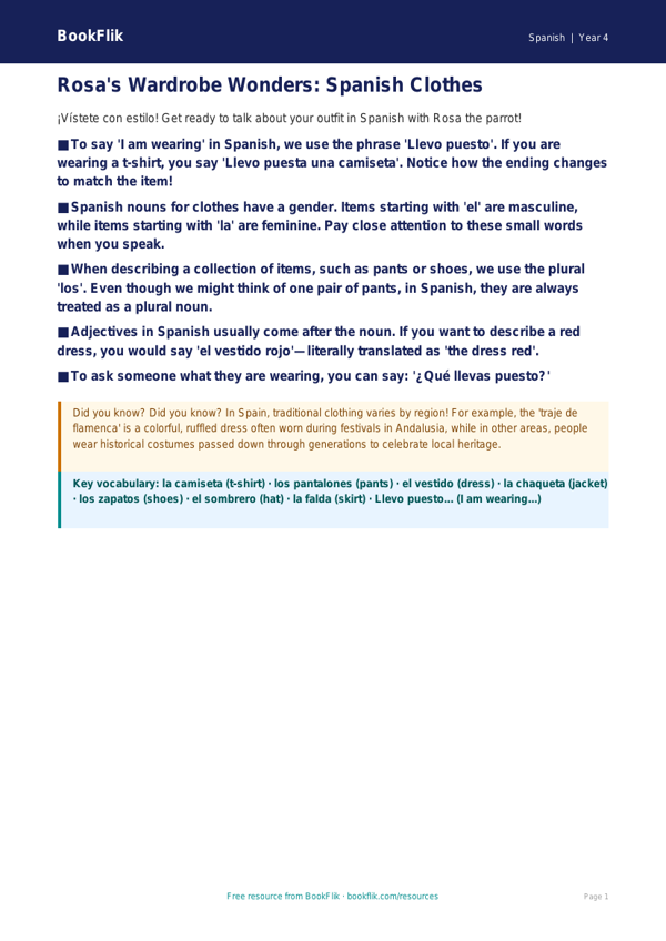 Free Clothes Poster | Grade 3 | Spanish | BookFlik worksheet preview — Spanish Clothes