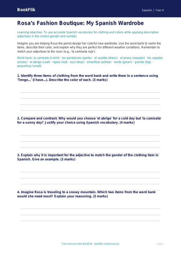 Spanish Clothes Vocabulary Worksheet | Grade 3 | BookFlik worksheet preview — Spanish Clothes