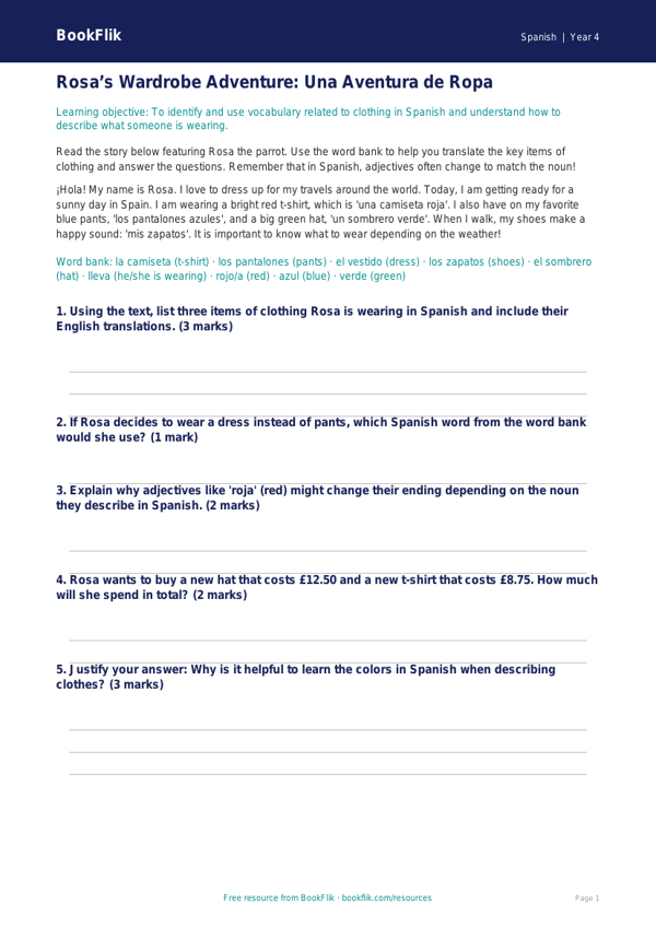 Free Clothes Track Sheet | Grade 3 Spanish Vocabulary | BookFlik worksheet preview — Spanish Clothes