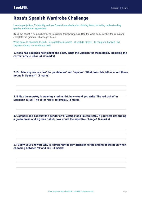 Free Clothes Worksheet | Grade 3 | Spanish | BookFlik worksheet preview — Spanish Clothes