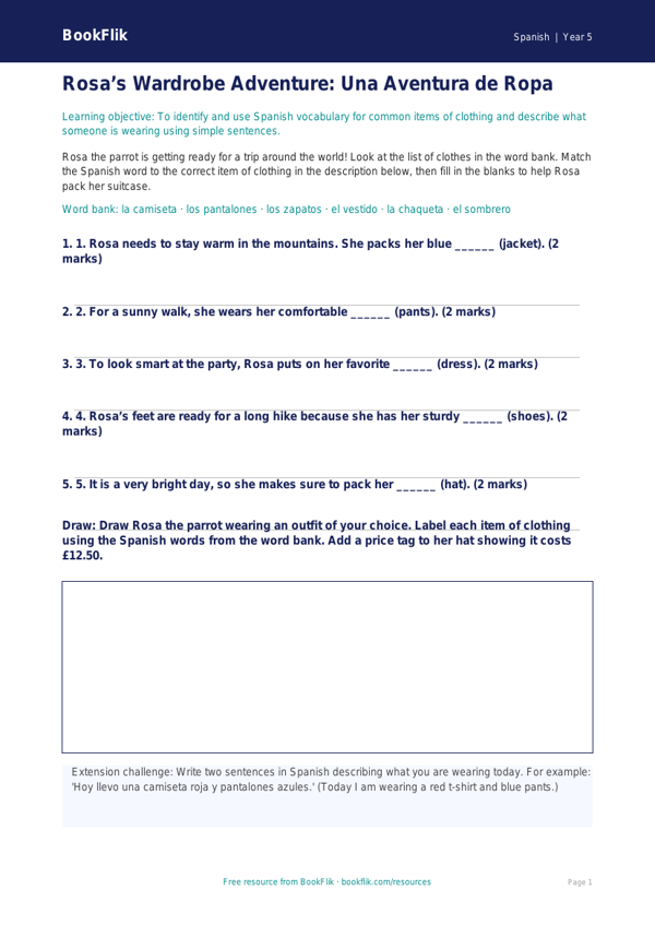 Free Clothes Activity Sheet | Grade 4 | Spanish | BookFlik worksheet preview — Spanish Clothes