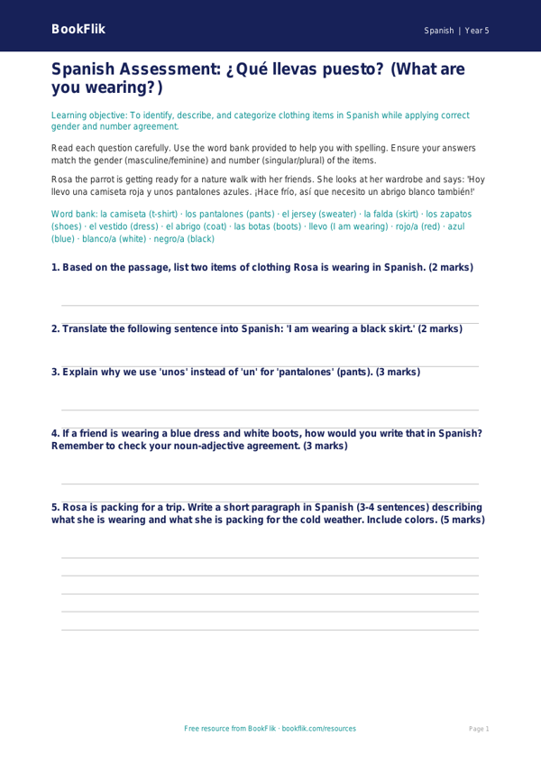 Spanish Clothes Assessment | Grade 4 | Free Printable | BookFlik worksheet preview — Spanish Clothes