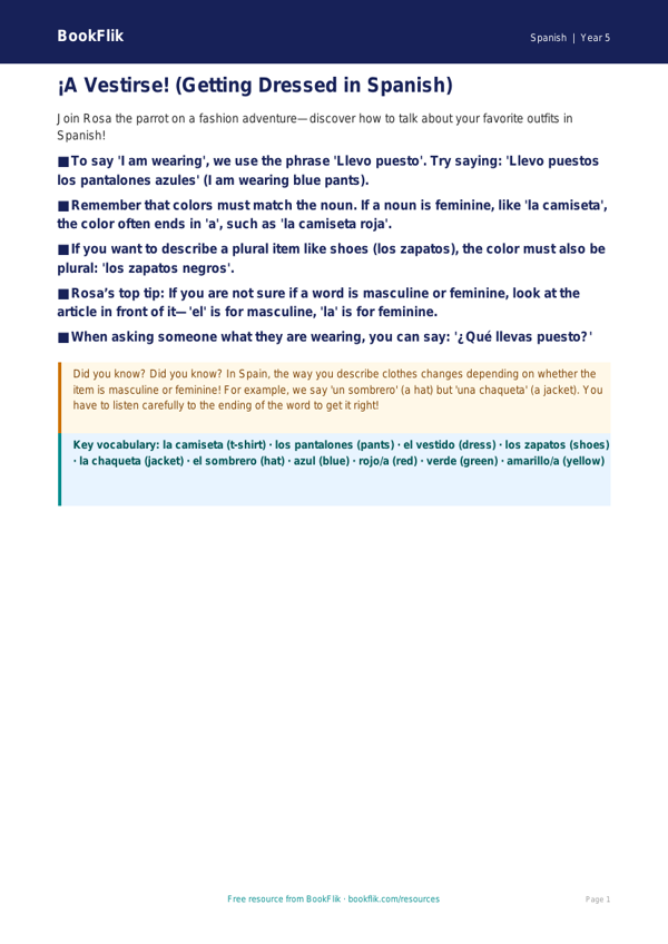 Free Clothes Poster | Grade 4 | Spanish | BookFlik worksheet preview — Spanish Clothes