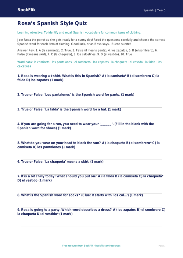 Free Clothes Quiz | Grade 4 | Spanish | BookFlik worksheet preview — Spanish Clothes