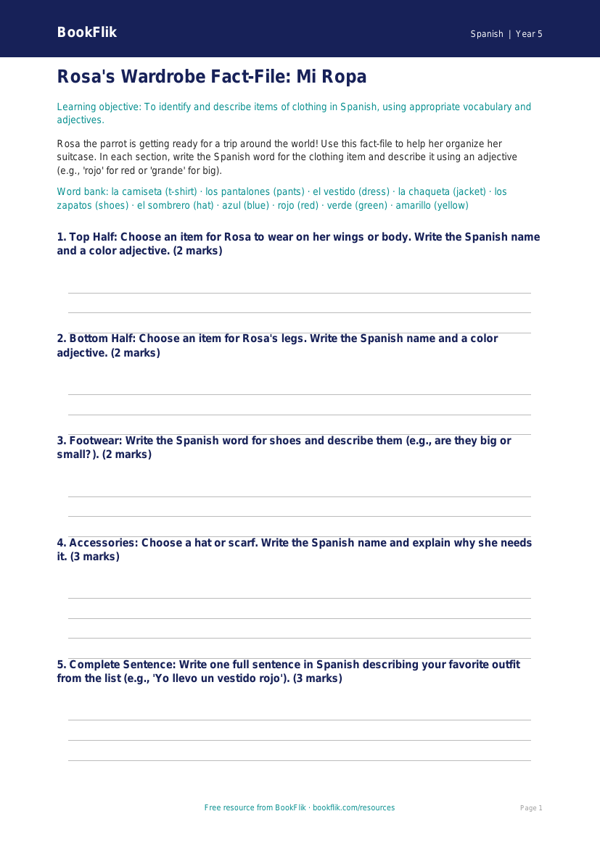 Spanish Clothes Vocabulary Worksheet | Grade 4 | BookFlik worksheet preview — Spanish Clothes