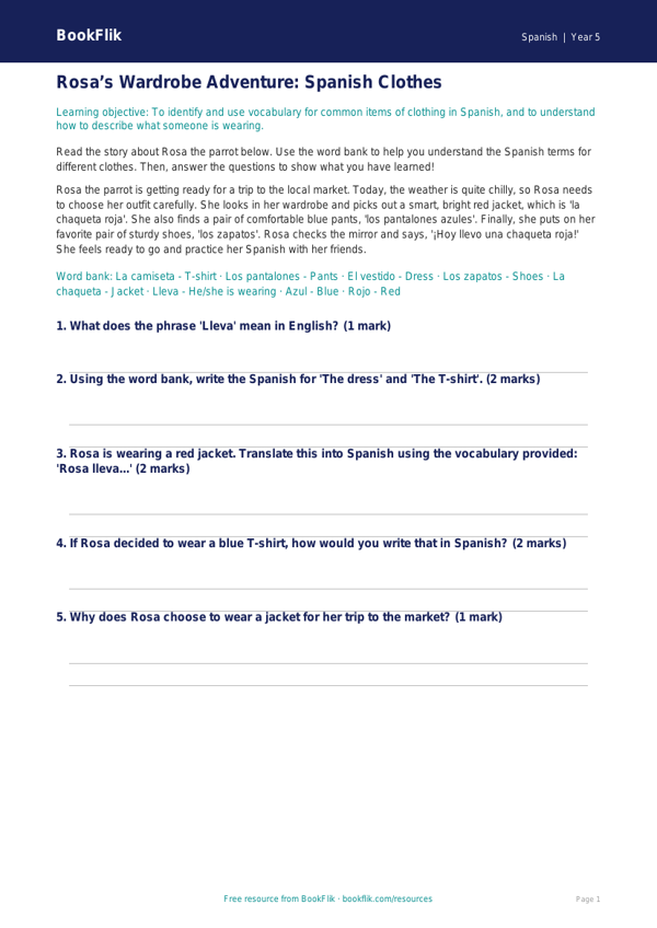Free Spanish Clothes Track Sheet | Grade 4 | BookFlik worksheet preview — Spanish Clothes