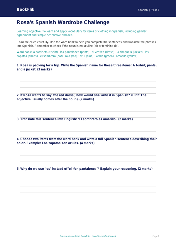 Free Clothes Worksheet | Grade 4 | Spanish | BookFlik worksheet preview — Spanish Clothes
