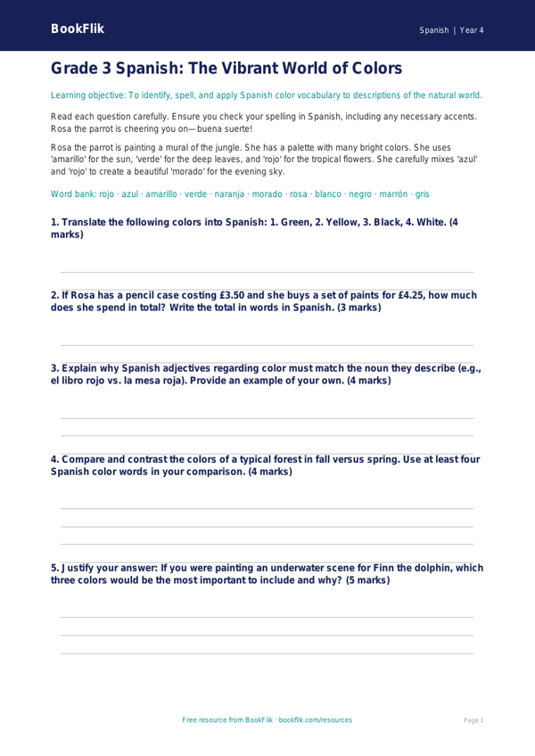 Spanish Colors Worksheet for Grade 3 | Greater Depth | BookFlik worksheet preview — Spanish Colours