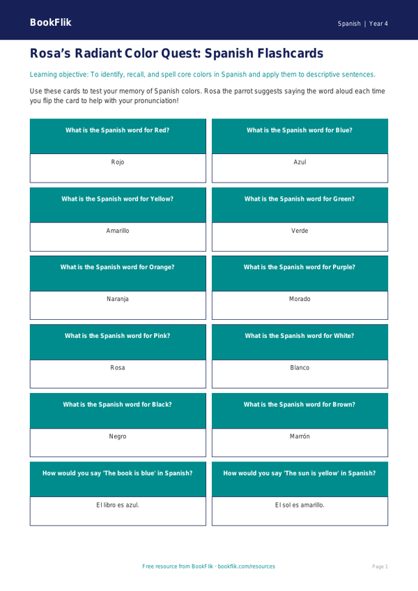 Spanish Colors Flashcards for Grade 3 | Free Printable | BookFlik worksheet preview — Spanish Colours
