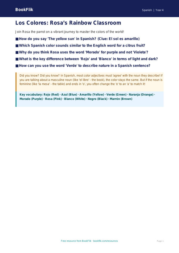 Free Spanish Colors Poster for Grade 3 | BookFlik worksheet preview β Spanish Colours