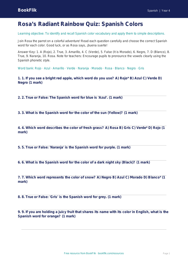 Spanish Colors Quiz for Grade 3 | Greater Depth | BookFlik worksheet preview — Spanish Colours