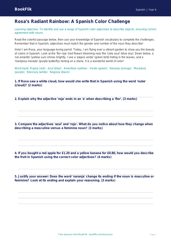 Spanish Colors Worksheet for Grade 3 | BookFlik Learning worksheet preview — Spanish Colours