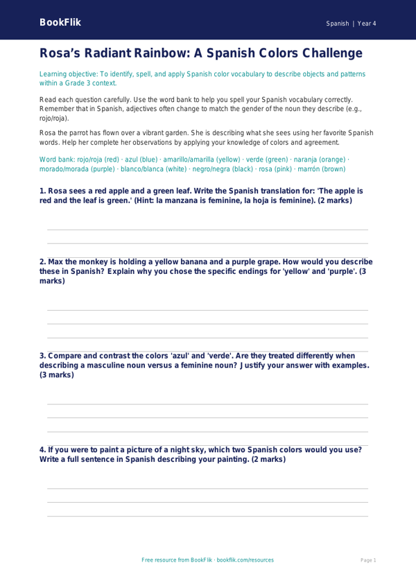 Spanish Colors Worksheet for Grade 3 | Free Printable | BookFlik worksheet preview — Spanish Colours