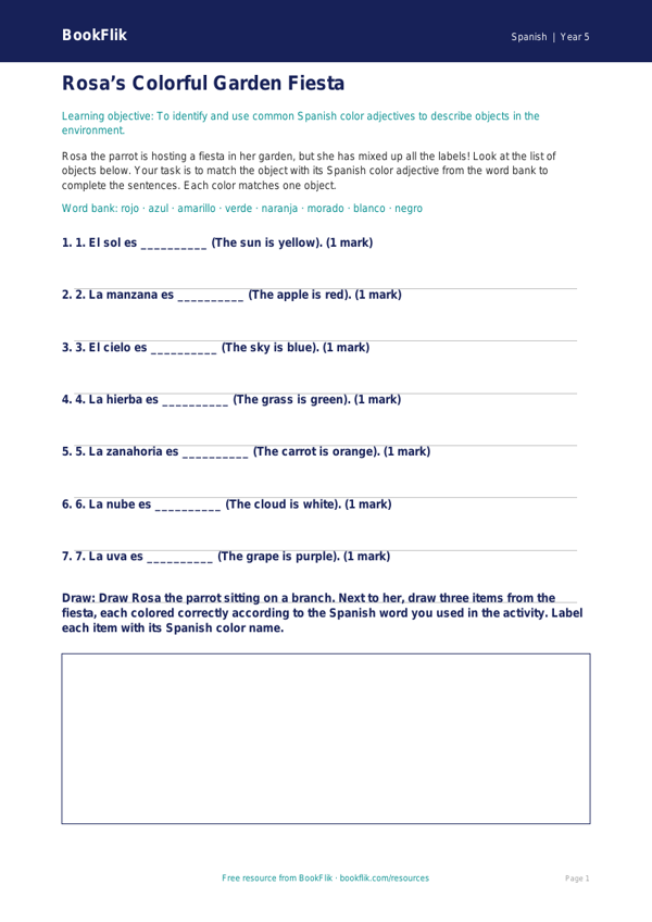 Free Colors Activity Sheet | Grade 4 Spanish | BookFlik worksheet preview — Spanish Colours