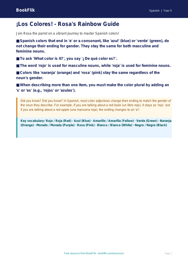 Spanish Colors Poster for Grade 4 | Free Printable | BookFlik worksheet preview — Spanish Colours