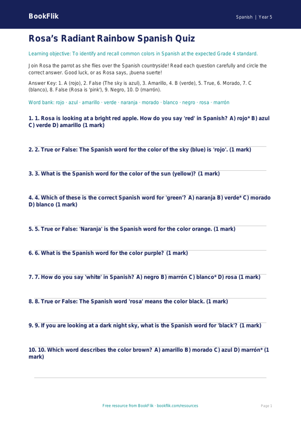 Spanish Colors Quiz for Grade 4 | Free Printable | BookFlik worksheet preview — Spanish Colours