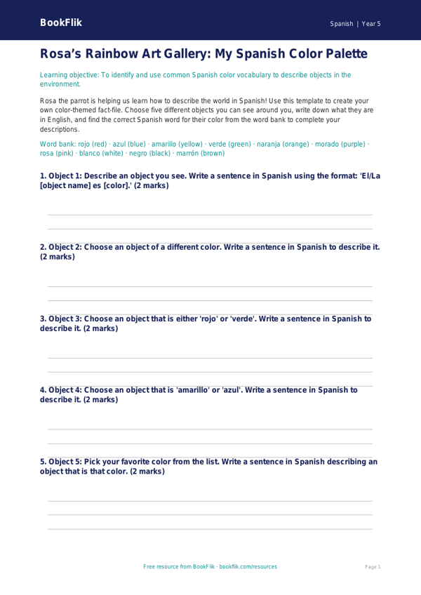 Spanish Colors Worksheet for Grade 4 | BookFlik worksheet preview — Spanish Colours