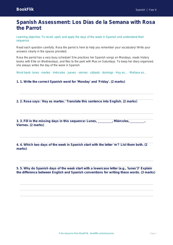 Free Days Of The Week Assessment | Grade 3 | Spanish | BookFlik worksheet preview — Spanish Days Of The Week