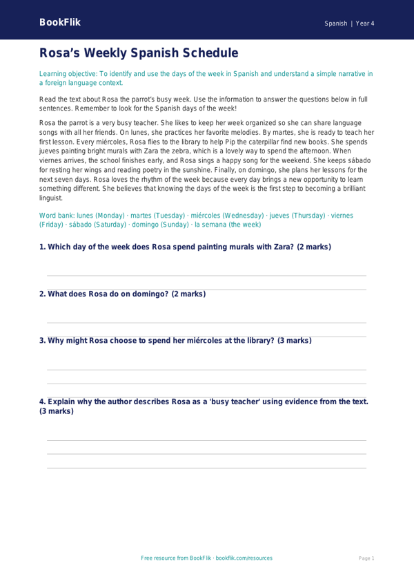 Free Days Of The Week Comprehension | Grade 3 | Spanish | BookFlik worksheet preview — Spanish Days Of The Week