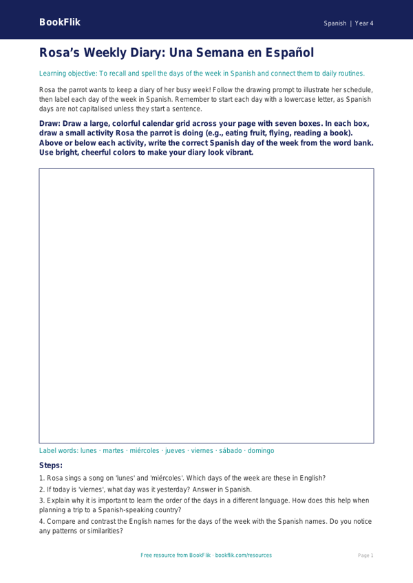 Free Days Of The Week Drawing Sheet | Grade 3 | Spanish | BookFlik worksheet preview — Spanish Days Of The Week