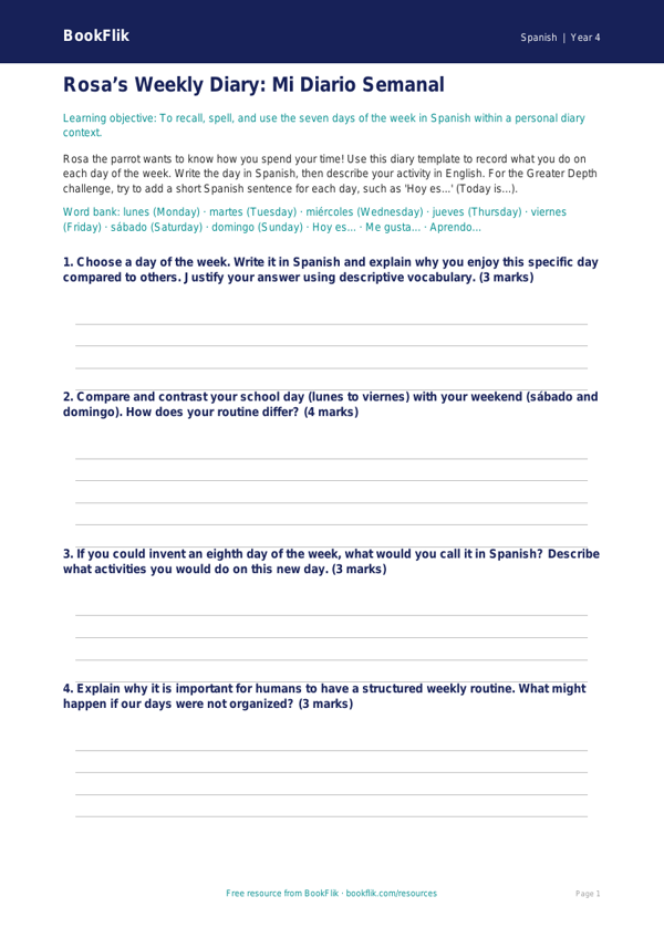 Free Days Of The Week Template | Grade 3 | Spanish | BookFlik worksheet preview — Spanish Days Of The Week