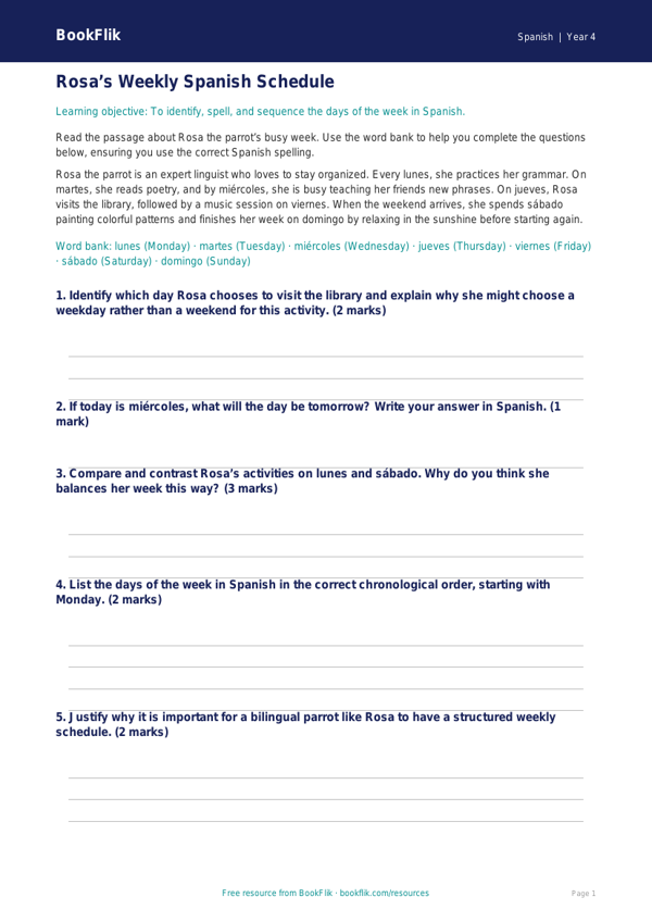 Free Days Of The Week Track Sheet | Grade 3 | Spanish | BookFlik worksheet preview — Spanish Days Of The Week