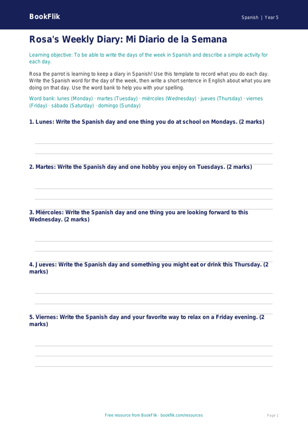 Free Days Of The Week Template | Grade 4 | Spanish | BookFlik worksheet preview — Spanish Days Of The Week
