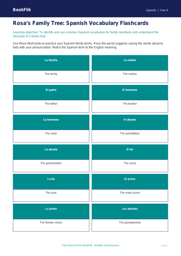 Spanish Family Vocabulary Flashcards | Grade 3 | BookFlik worksheet preview — Spanish Family
