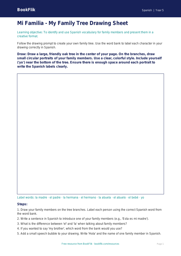 Family Vocabulary Drawing Sheet | Grade 4 Spanish | BookFlik worksheet preview — Spanish Family