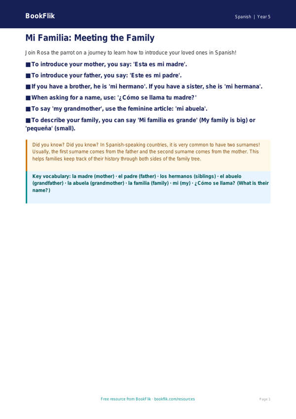 Free Family Poster | Grade 4 | Spanish | BookFlik worksheet preview — Spanish Family
