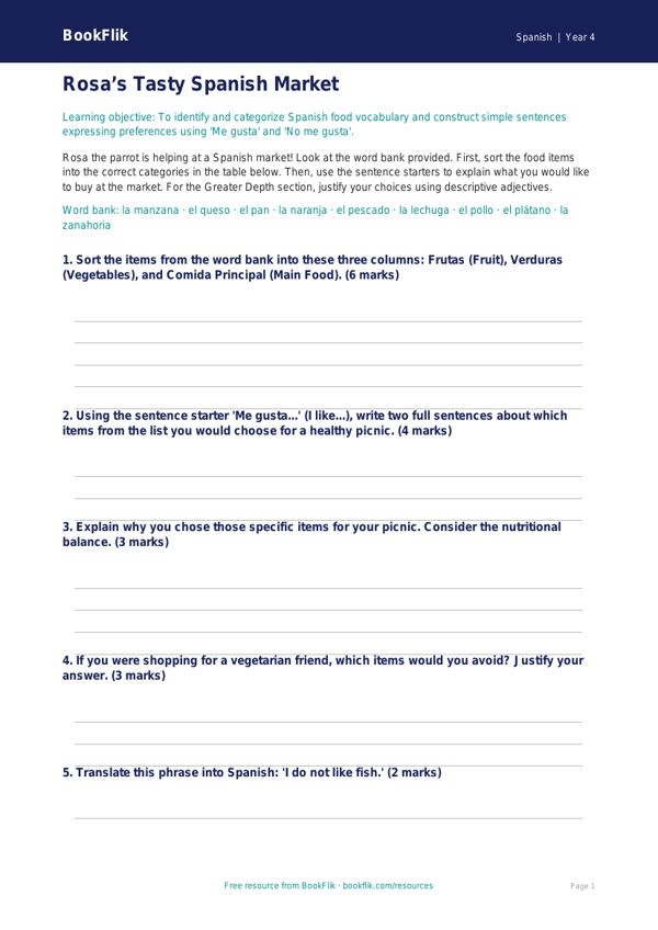 Free Food Activity Sheet | Grade 3 | Spanish | BookFlik worksheet preview — Spanish Food